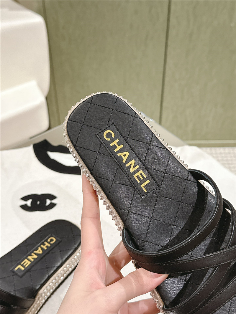 Ch**el logo espadrilles black leather slides