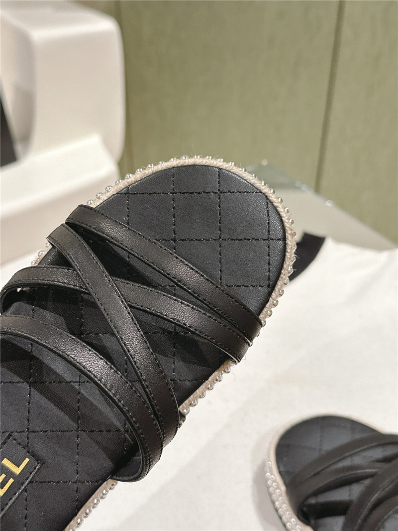 Ch**el logo espadrilles black leather slides