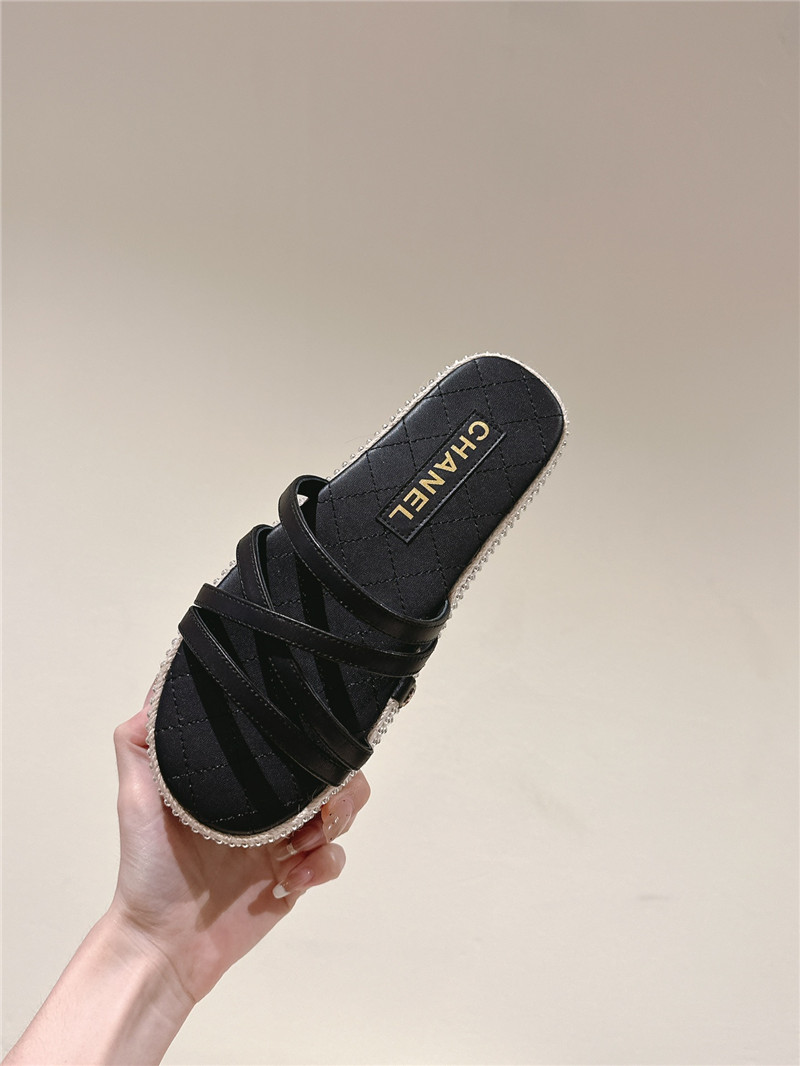 Ch**el logo espadrilles black leather slides