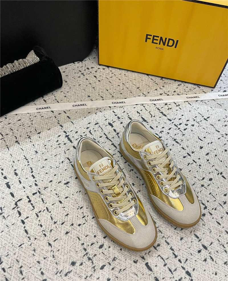 Fendi Lace-Up Logo Gold Sneakers