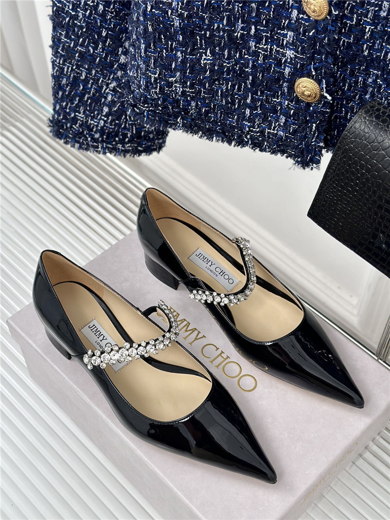 Jimmy Choo Bing 25 Crystal Strap Patent Leather Flats Black