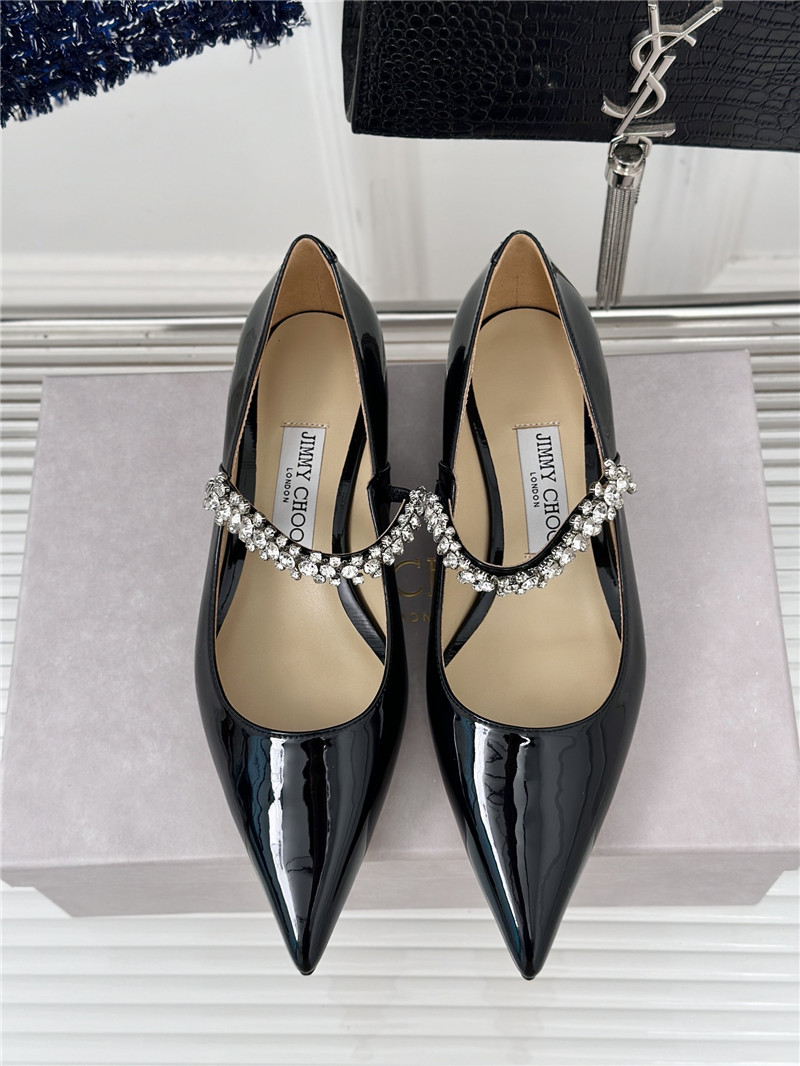 Jimmy Choo Bing 25 Crystal Strap Patent Leather Flats Black