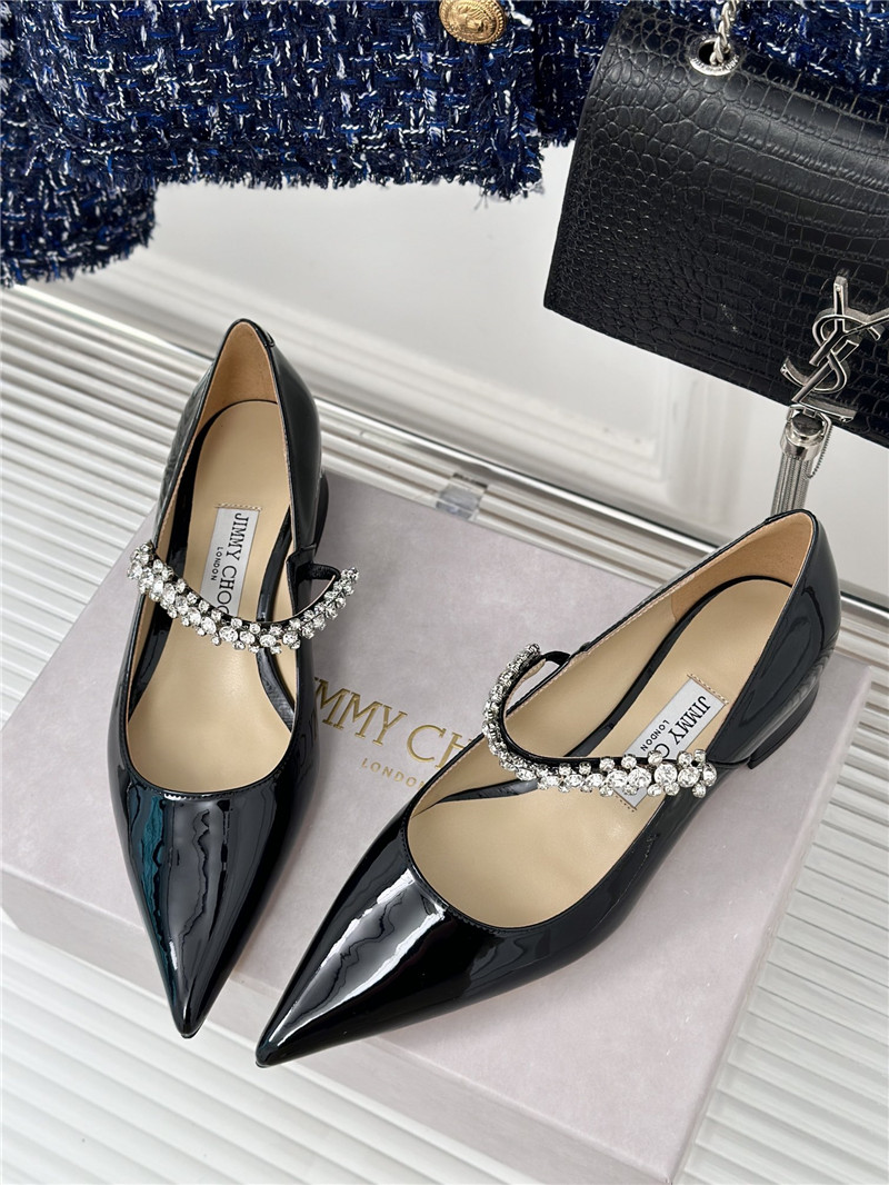 Jimmy Choo Bing 25 Crystal Strap Patent Leather Flats Black