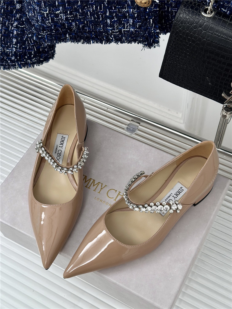 Jimmy Choo Bing 25 Beige Crystal Strap Patent Leather Flats