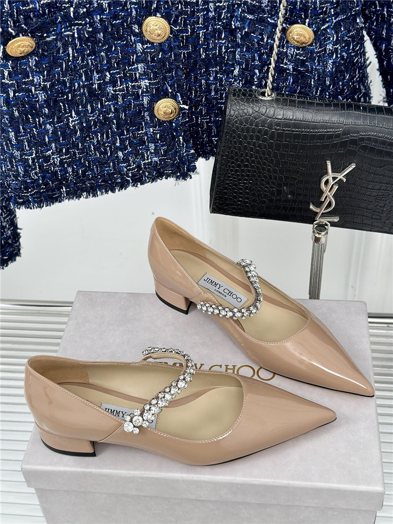 Jimmy Choo Bing 25 Beige Crystal Strap Patent Leather Flats