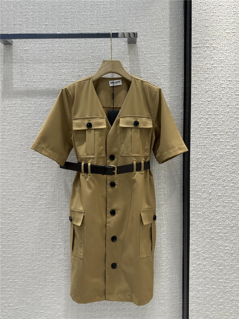 YSL V-neck multi-pocket khaki cotton work skirt replica clothing