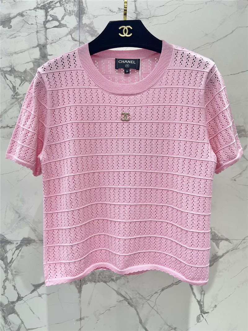Chanel Logo Hollow Knitted T-Shirt in Pink