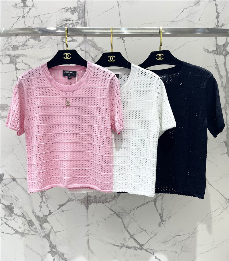 Ch**el logo hollow knitted t-shirt in black