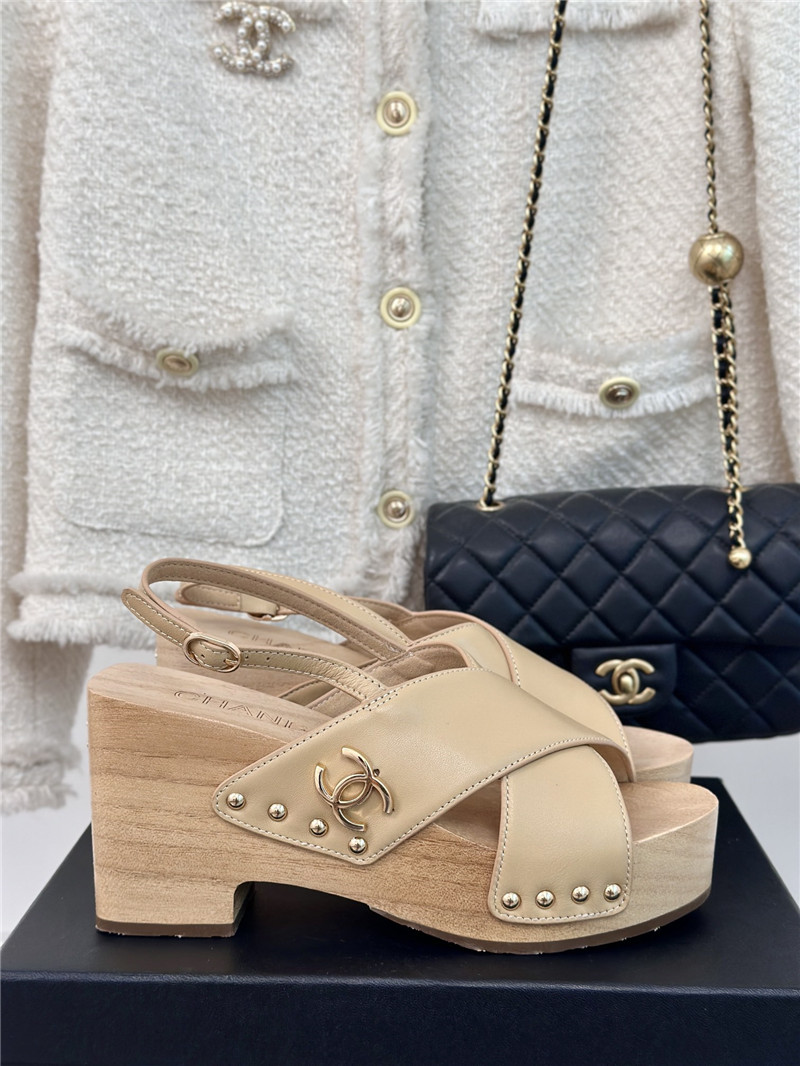 Ch**el calfskin studded slingback clog sandals beige