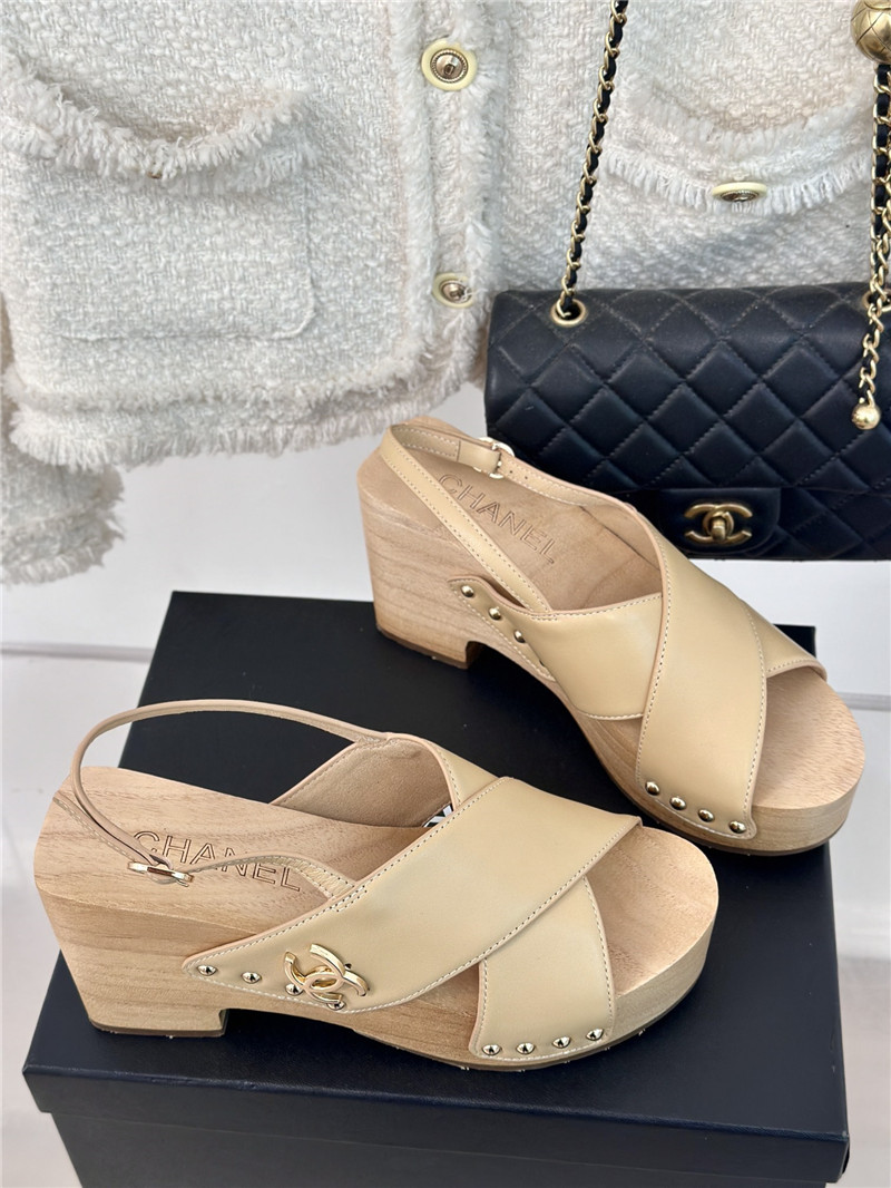 Chanel Calfskin Studded Slingback Clog Sandals Beige