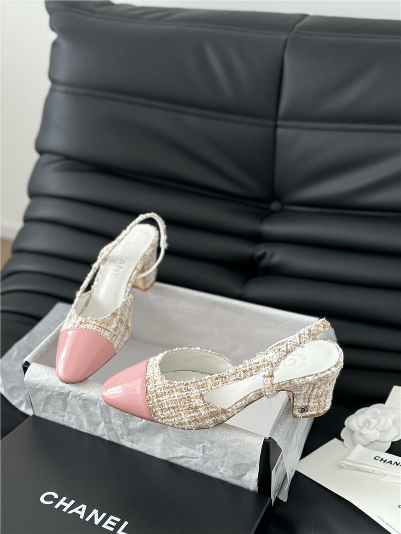 Ch**el tweed pink lambskin cap toe slingback pumps