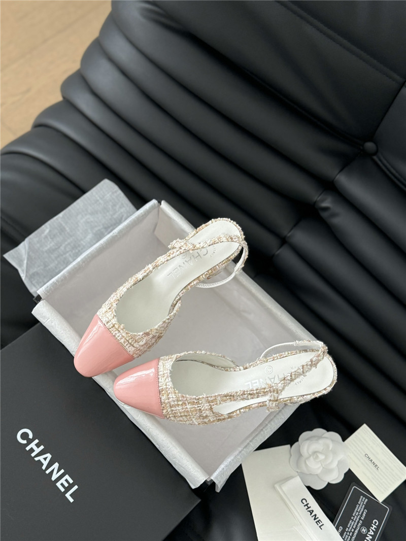 Ch**el tweed pink lambskin cap toe slingback pumps