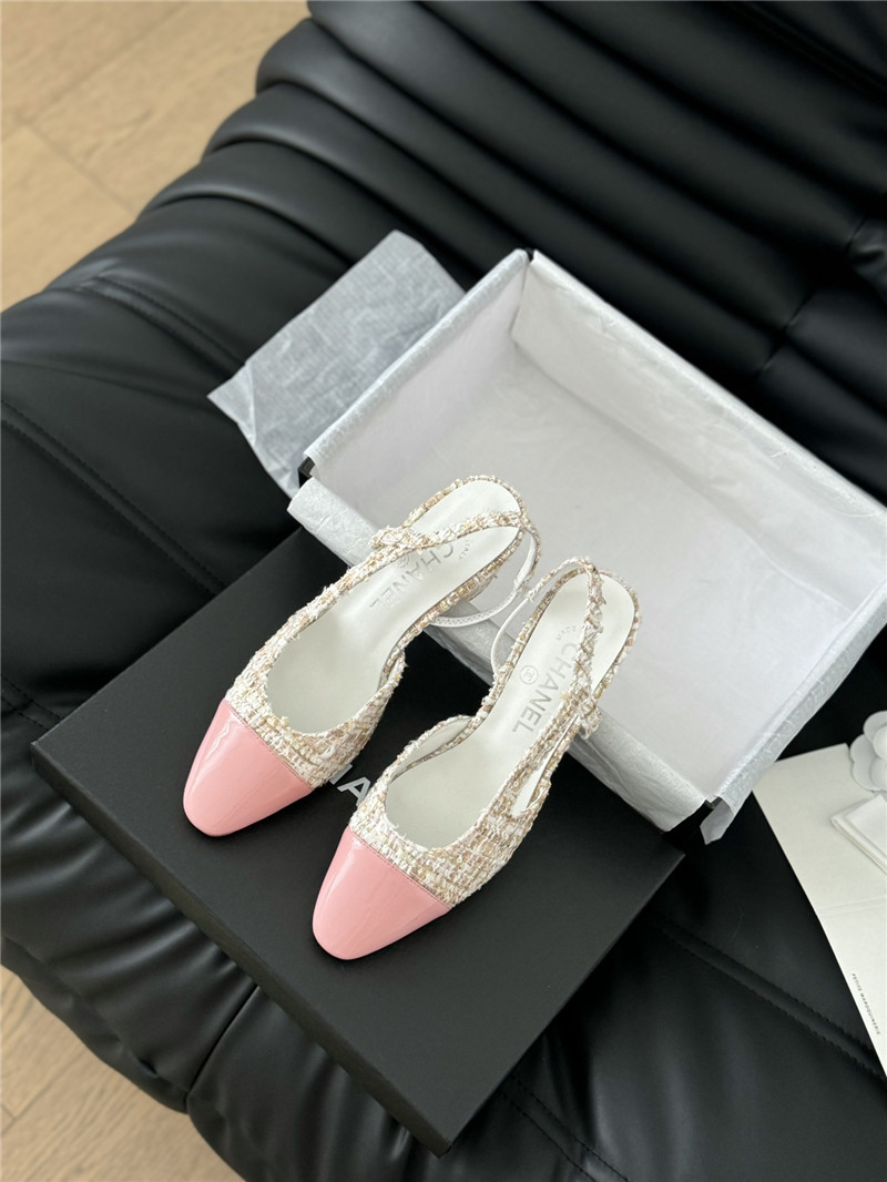 Ch**el tweed pink lambskin cap toe slingback pumps