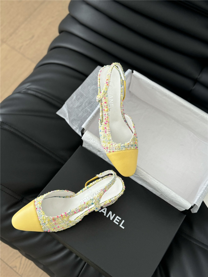 Ch**el tweed yellow lambskin cap toe slingback pumps