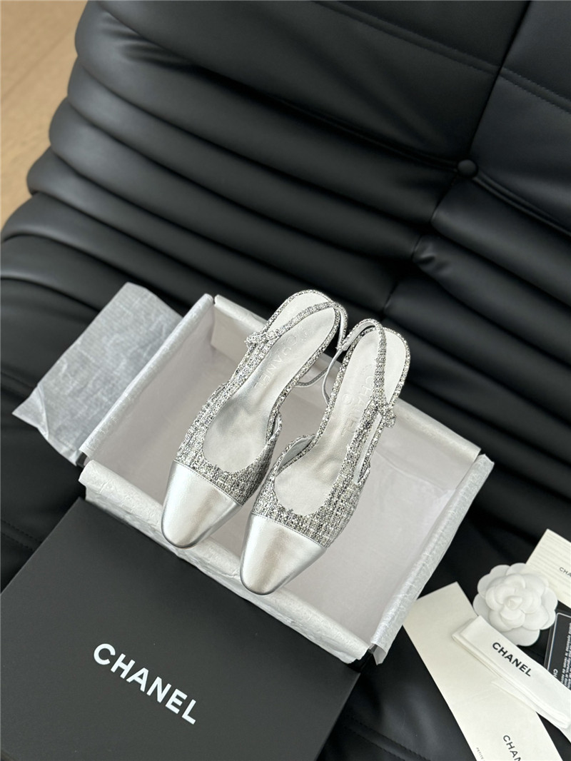 Ch**el tweed silver lambskin cap toe slingback pumps