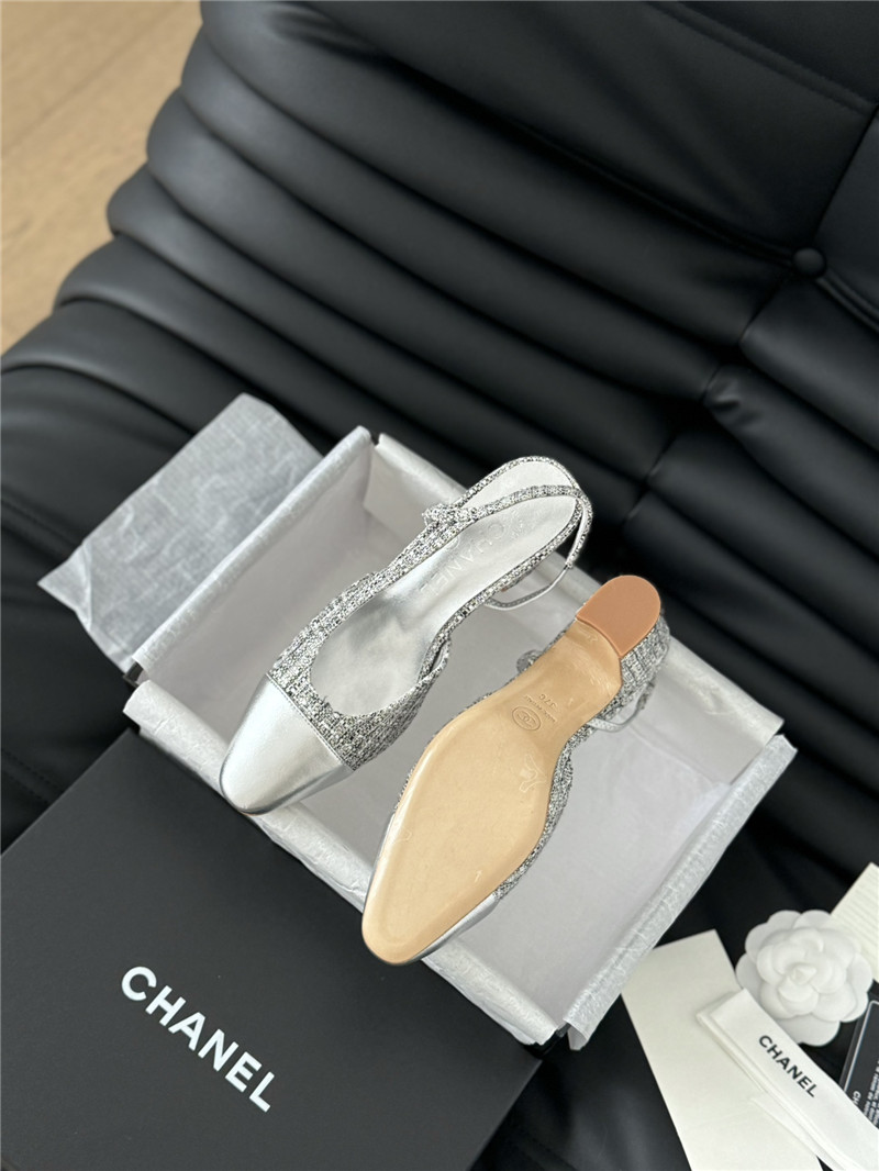 Ch**el tweed silver lambskin cap toe slingback pumps