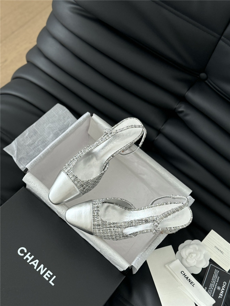 Ch**el tweed silver lambskin cap toe slingback pumps