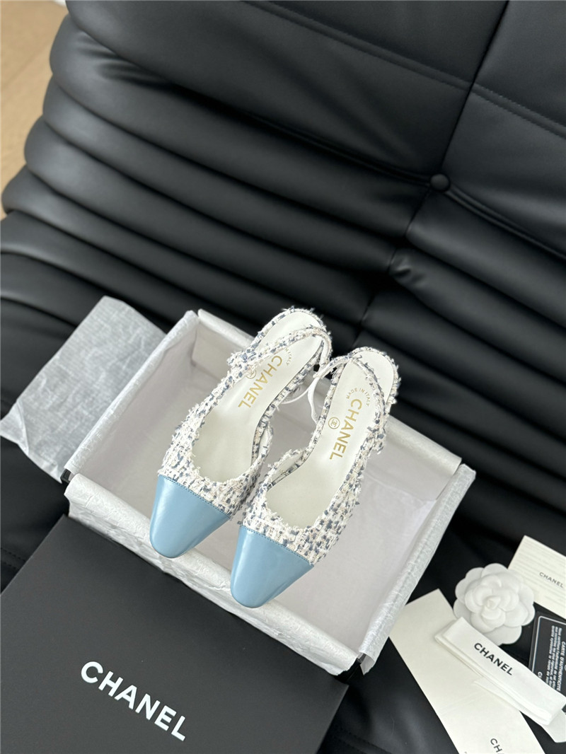 Ch**el tweed lambskin cap toe slingback pumps