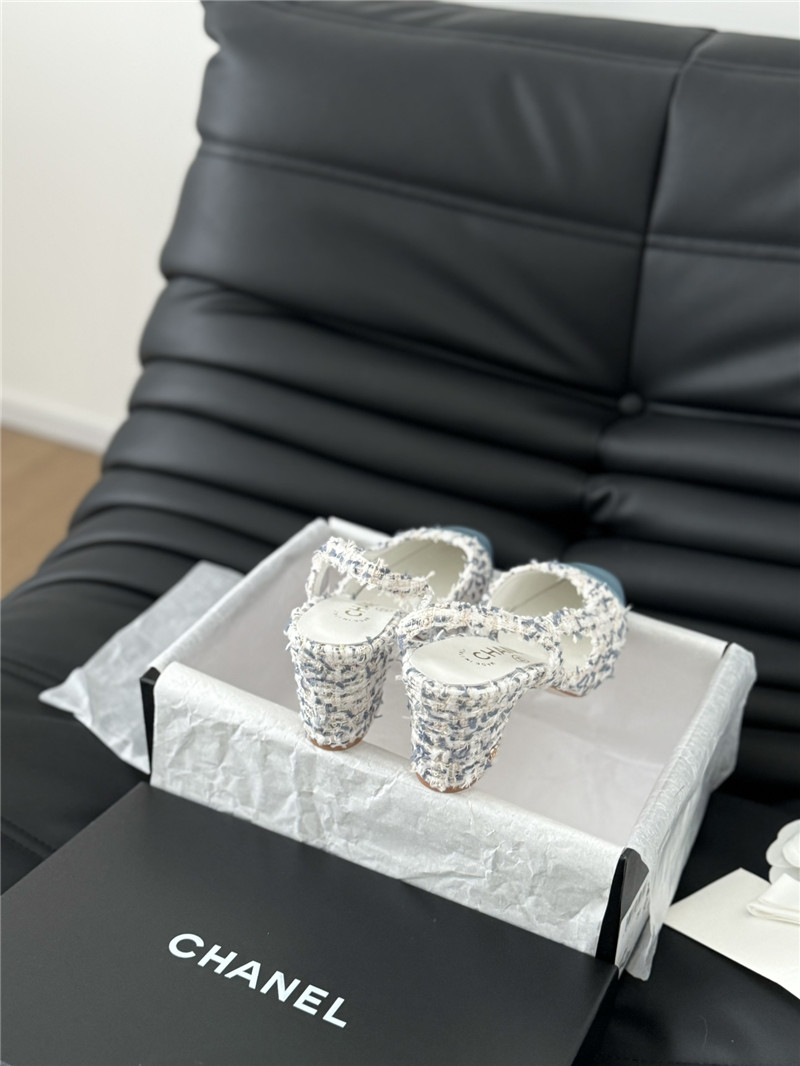 Ch**el tweed lambskin cap toe slingback pumps