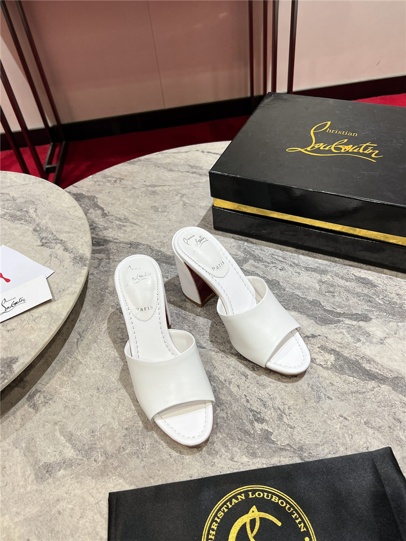 Christian Louboutin White Square Heel Patent Leather Mules
