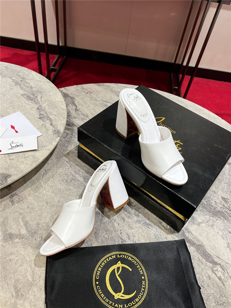 Christian Louboutin White Square Heel Patent Leather Mules