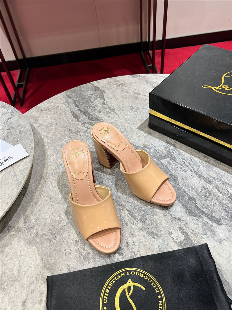 Christian Louboutin Beige Square Heel Patent Leather Mules