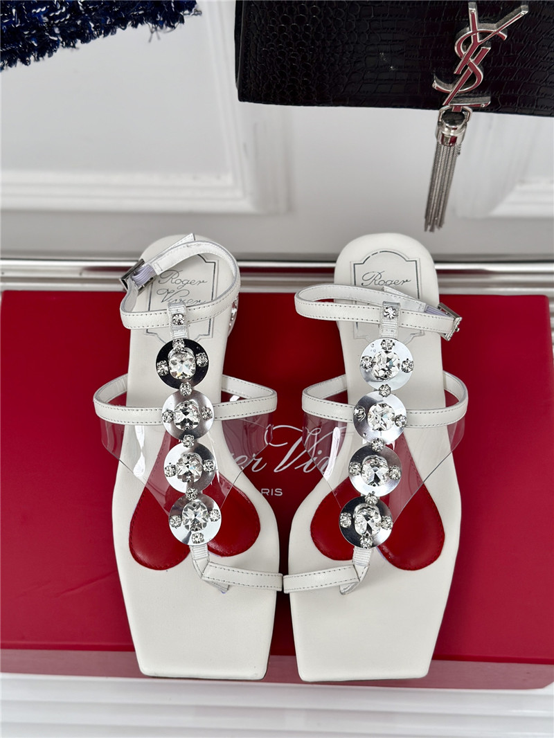 Roger Vivier Jewel Heel Disco Sandals in White Leather