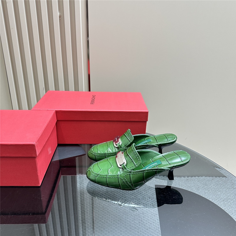 Ferragamo 55mm Green Crocodile-Effect Leather Mules