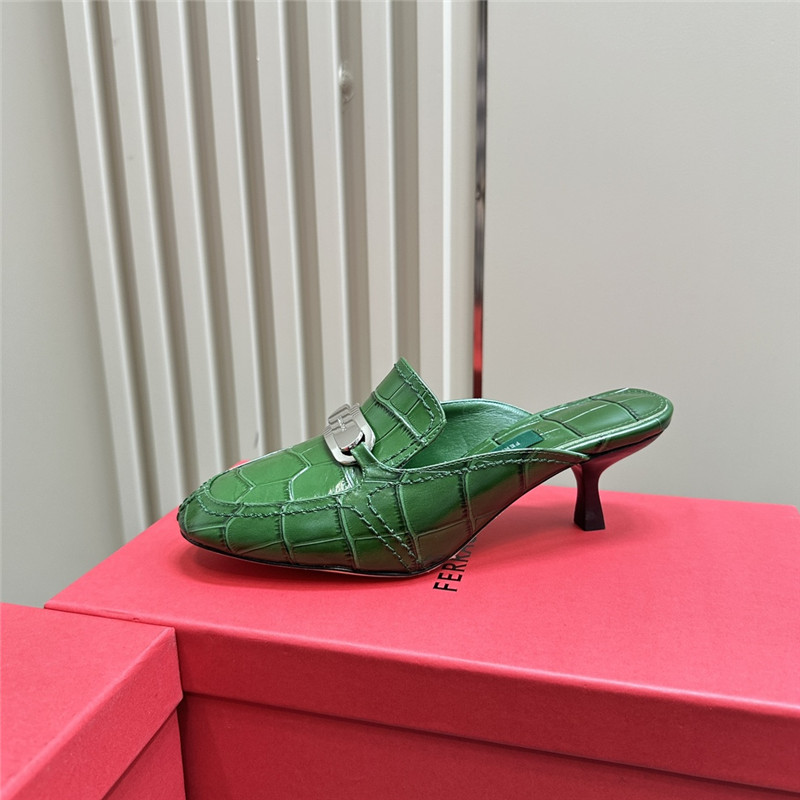 Ferragamo 55mm Green Crocodile-Effect Leather Mules