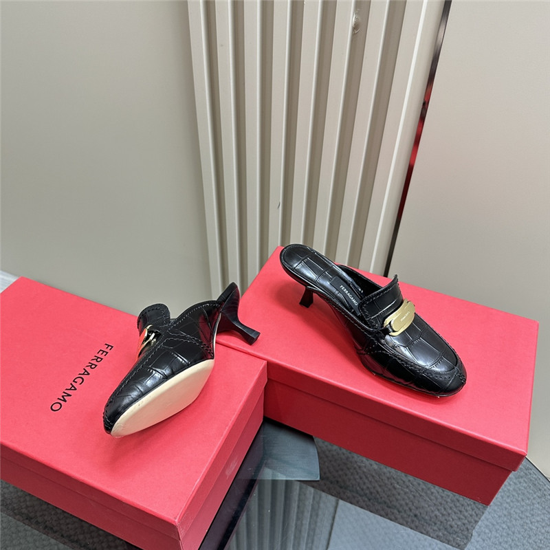Ferragamo 55mm Crocodile-Effect Leather Mules in Black