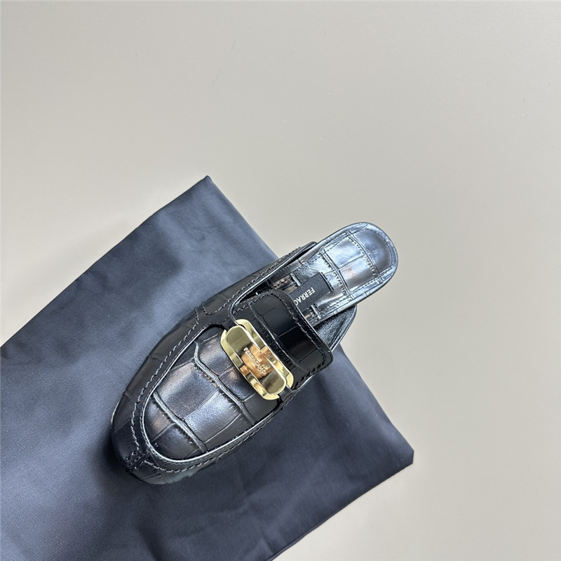 Ferragamo 55mm Crocodile-Effect Leather Mules in Black