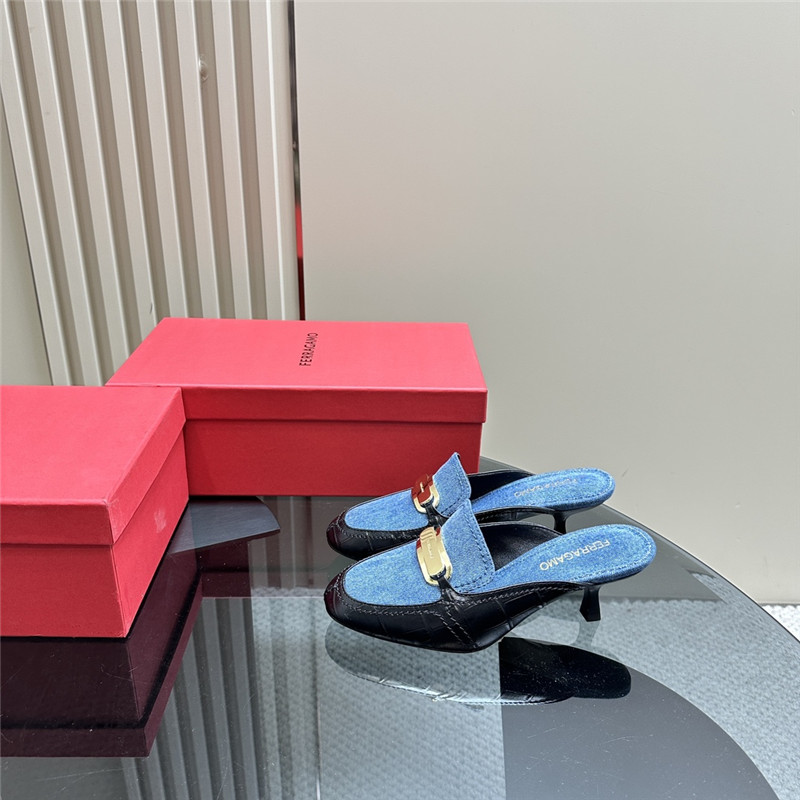 Ferragamo 55mm Crocodile-Effect Leather Mules in Blue