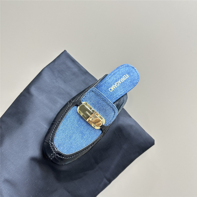 Ferragamo 55mm Crocodile-Effect Leather Mules in Blue