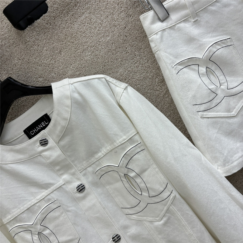 Ch**el round neck denim jacket + denim shorts replica clothes
