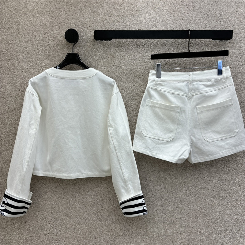 Ch**el round neck denim jacket + denim shorts replica clothes