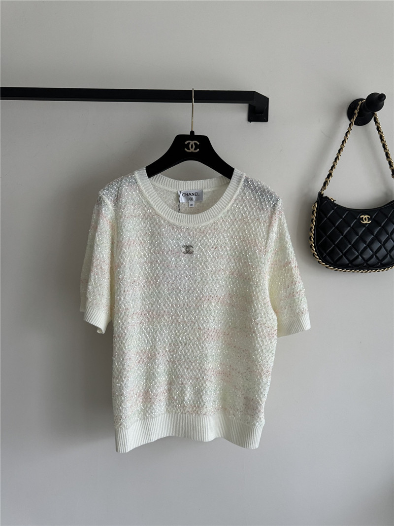 Ch**el new bling beads embellished short-sleeved replica clothing