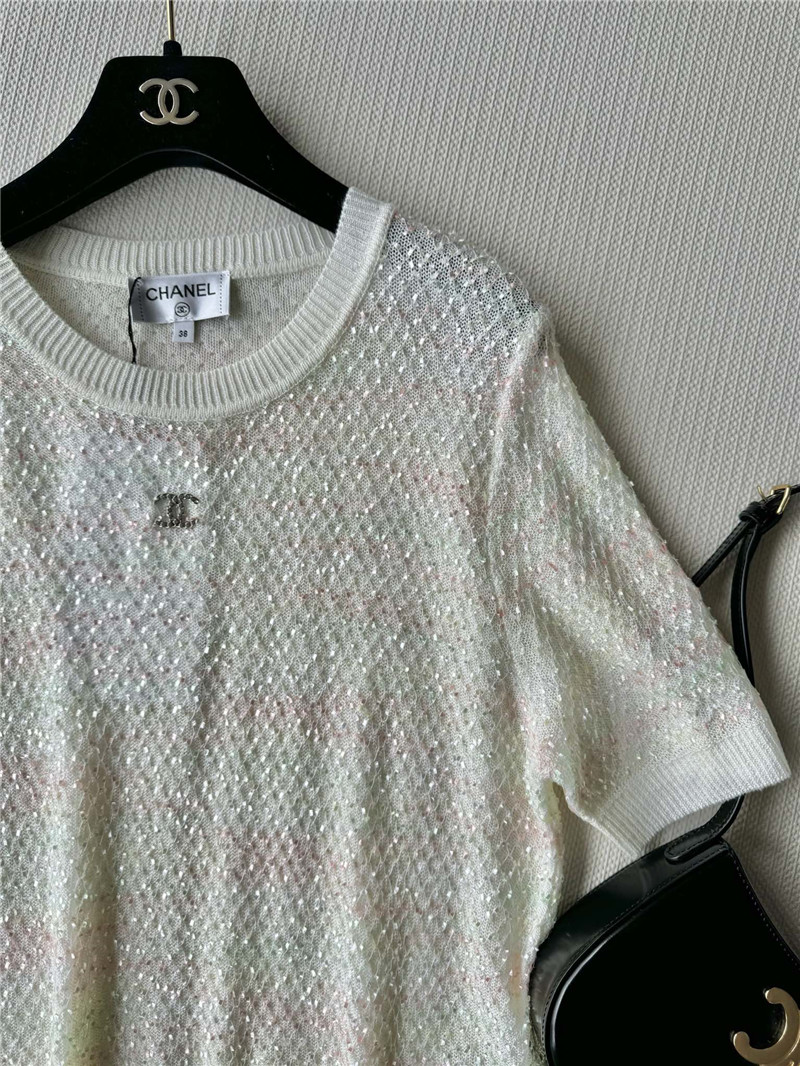 Ch**el new bling beads embellished short-sleeved replica clothing