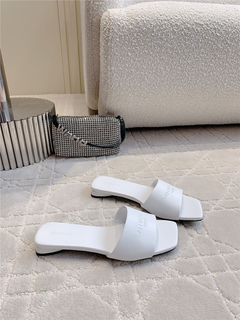 Balenciaga Duty Free White Leather Logo Slide Sandals