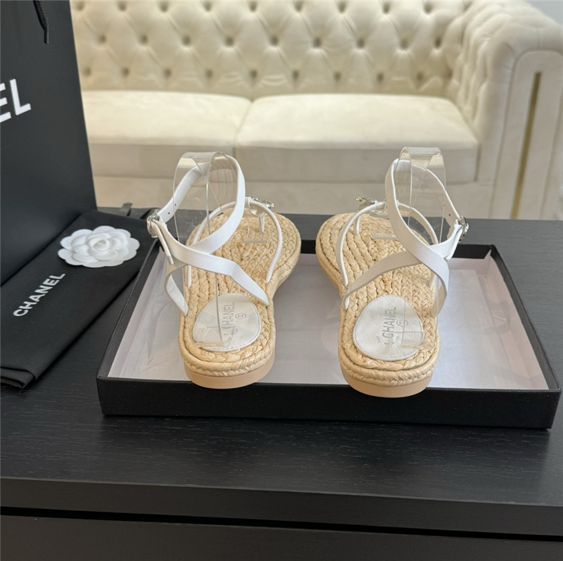 Ch**el logo t-strap raffia sandals in white