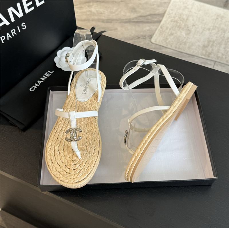 Ch**el logo t-strap raffia sandals in white