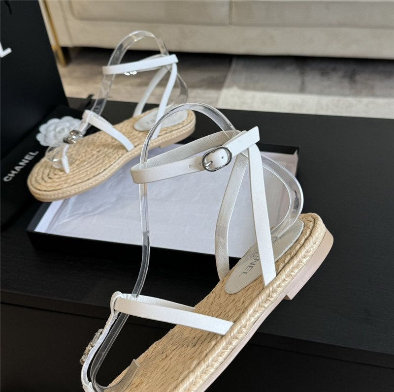 Ch**el logo t-strap raffia sandals in white
