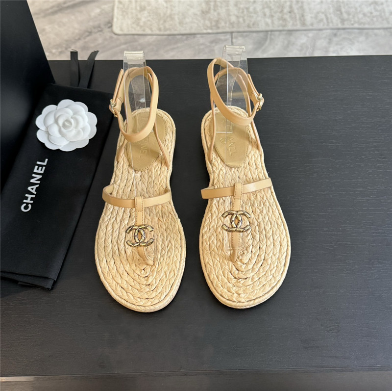 Ch**el logo t-strap raffia sandals in beige