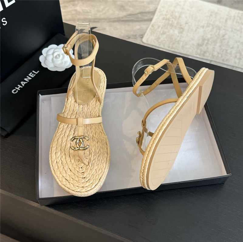 Ch**el logo t-strap raffia sandals in beige