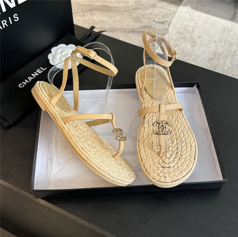 Ch**el logo t-strap raffia sandals in beige
