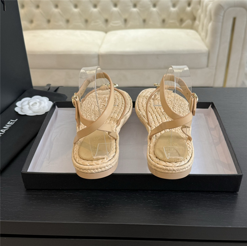Ch**el logo t-strap raffia sandals in beige
