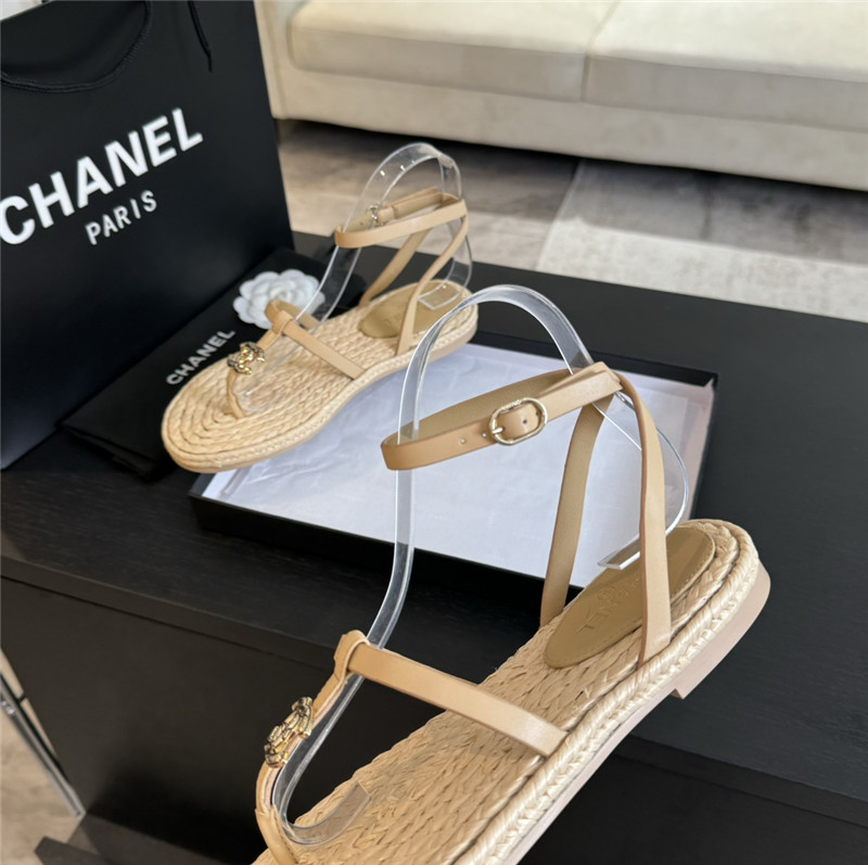 Ch**el logo t-strap raffia sandals in beige