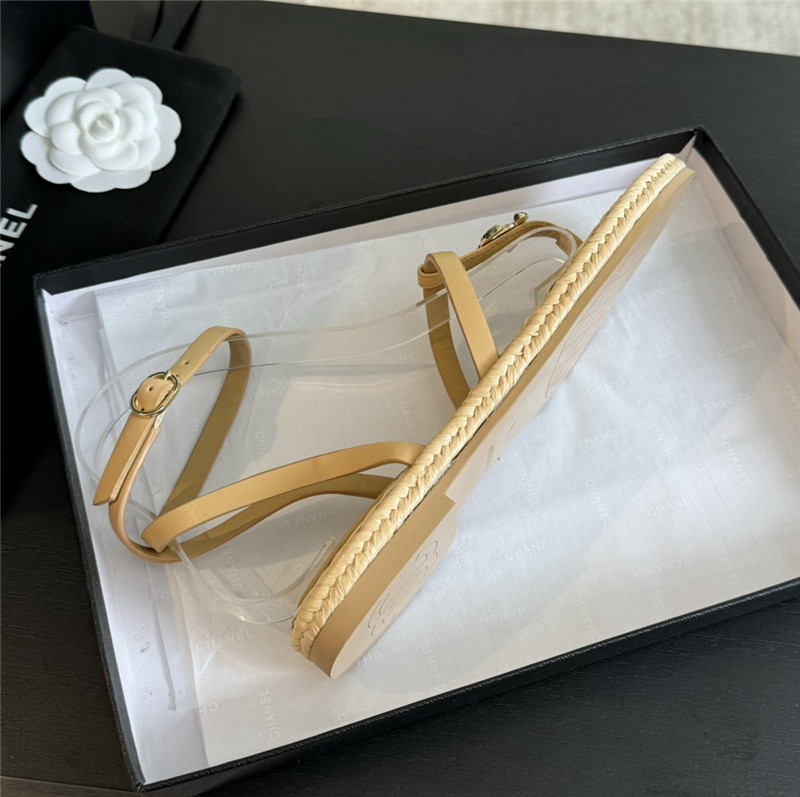 Ch**el logo t-strap raffia sandals in beige