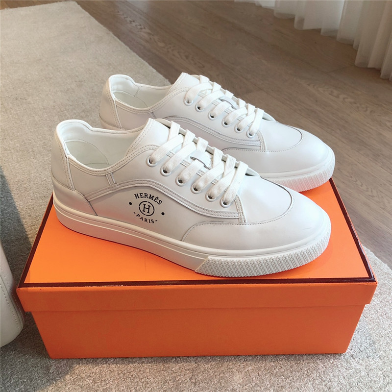 Hermes Canvas Print Lace-Up Sneakers White