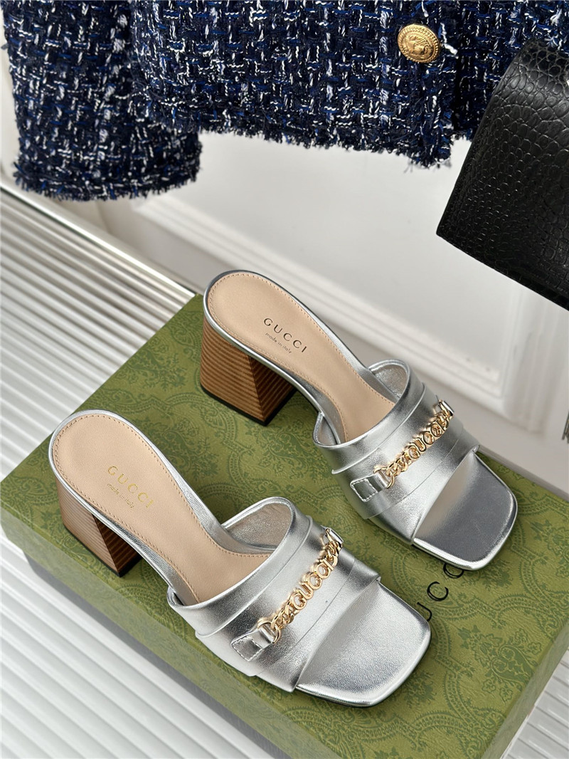 Gucci Signoria Leather Slide Sandal Silver