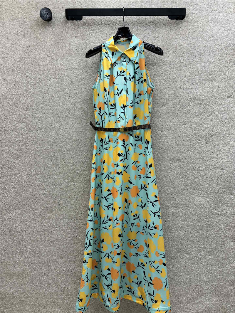louis vuitton LV floral print blue sleeveless dress replica clothes